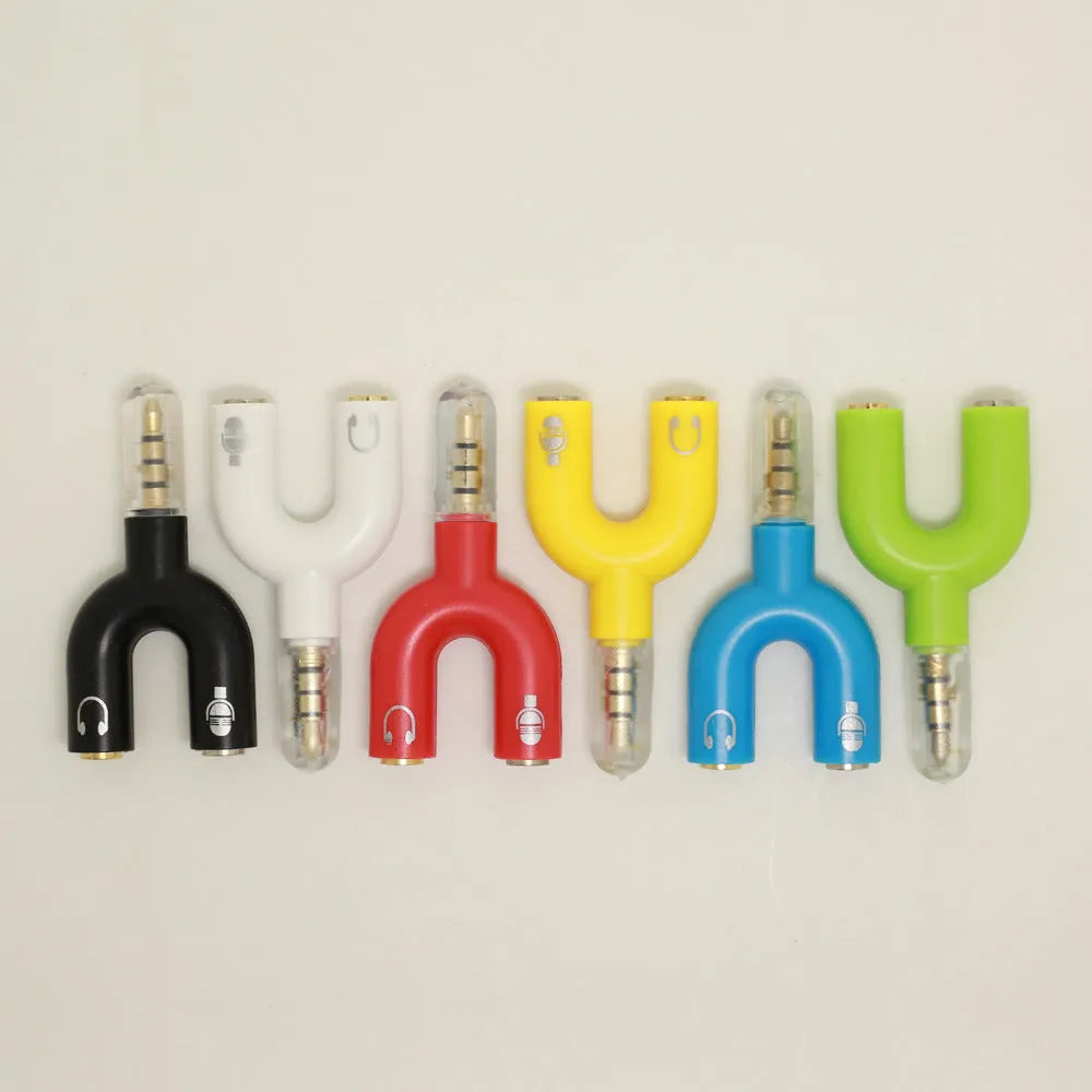 3.5mm audio splitter adapter with gold connectors in six colour options