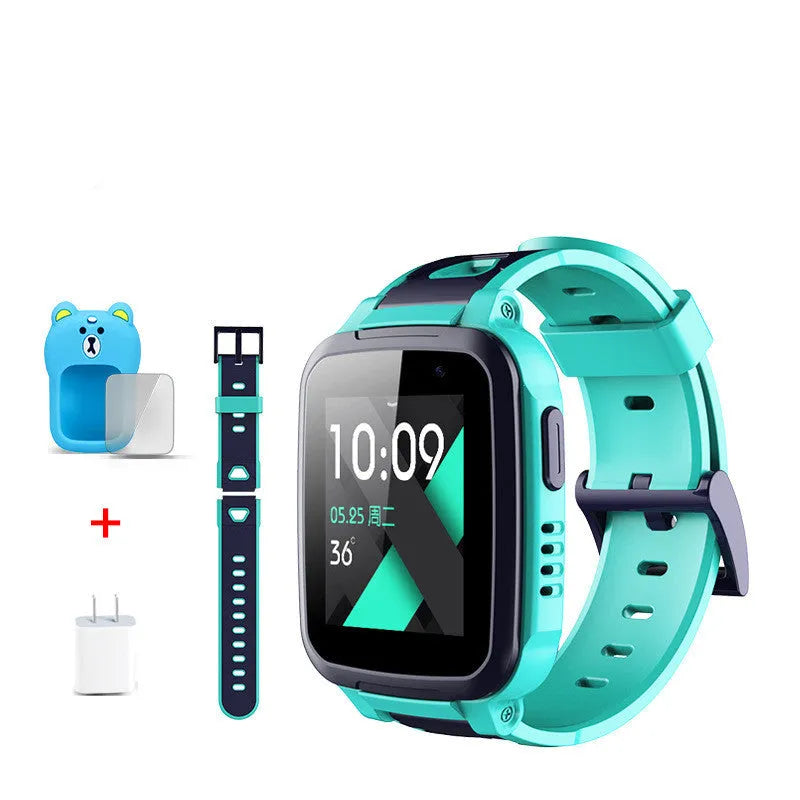 SE5 360 children phone watch with stainless steel wristband shown in blue colour, displaying screen interface