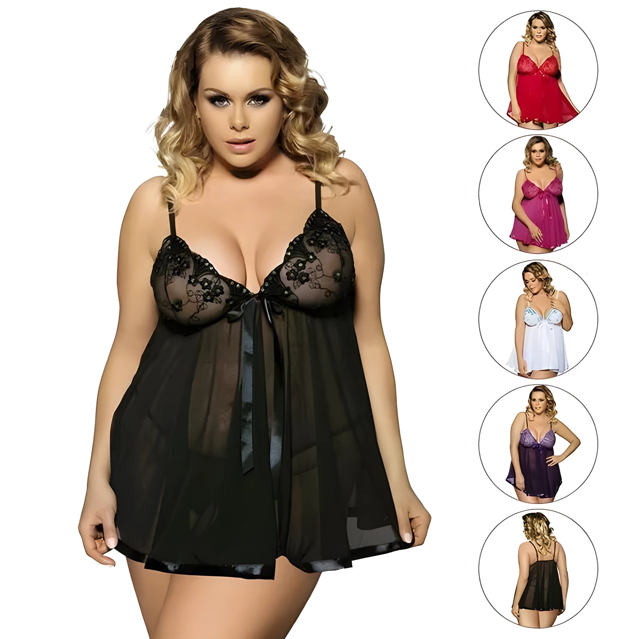 Women's purple lace sleepdress with mesh panels in 6XL size showing seamless construction