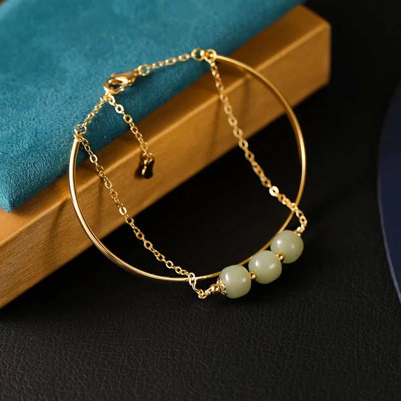 Women's jade lucky beads bracelet with gold inlay in single, double, or three beads options