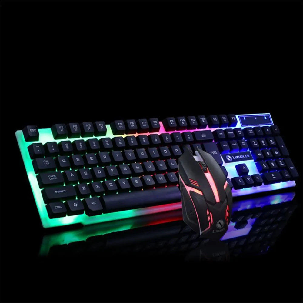 GTX300 black wired gaming keyboard and mouse set with colour backlit keys on desk