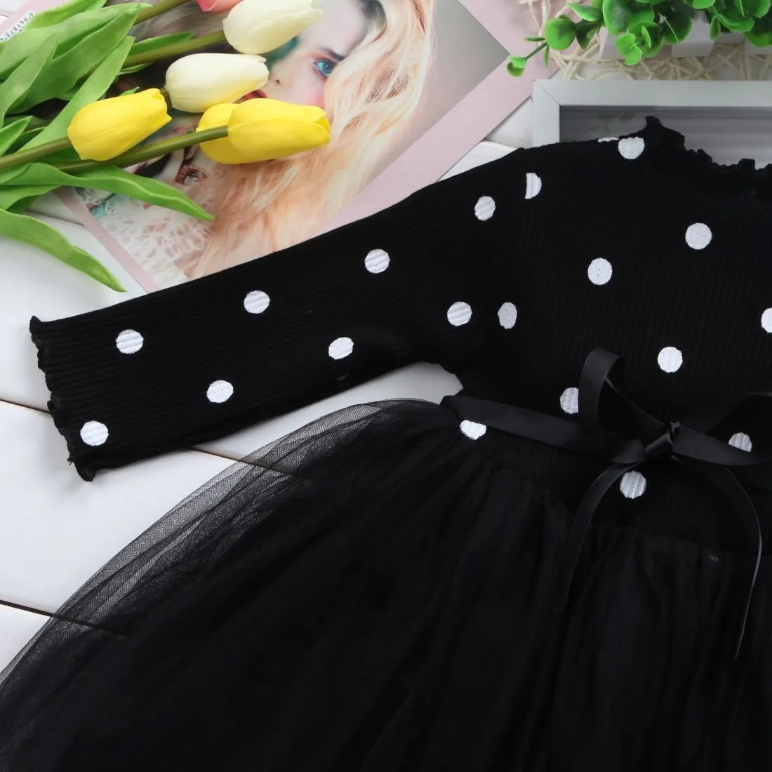 Girls' long sleeve lace tutu party dress in black, pink, or white for birthdays and christenings