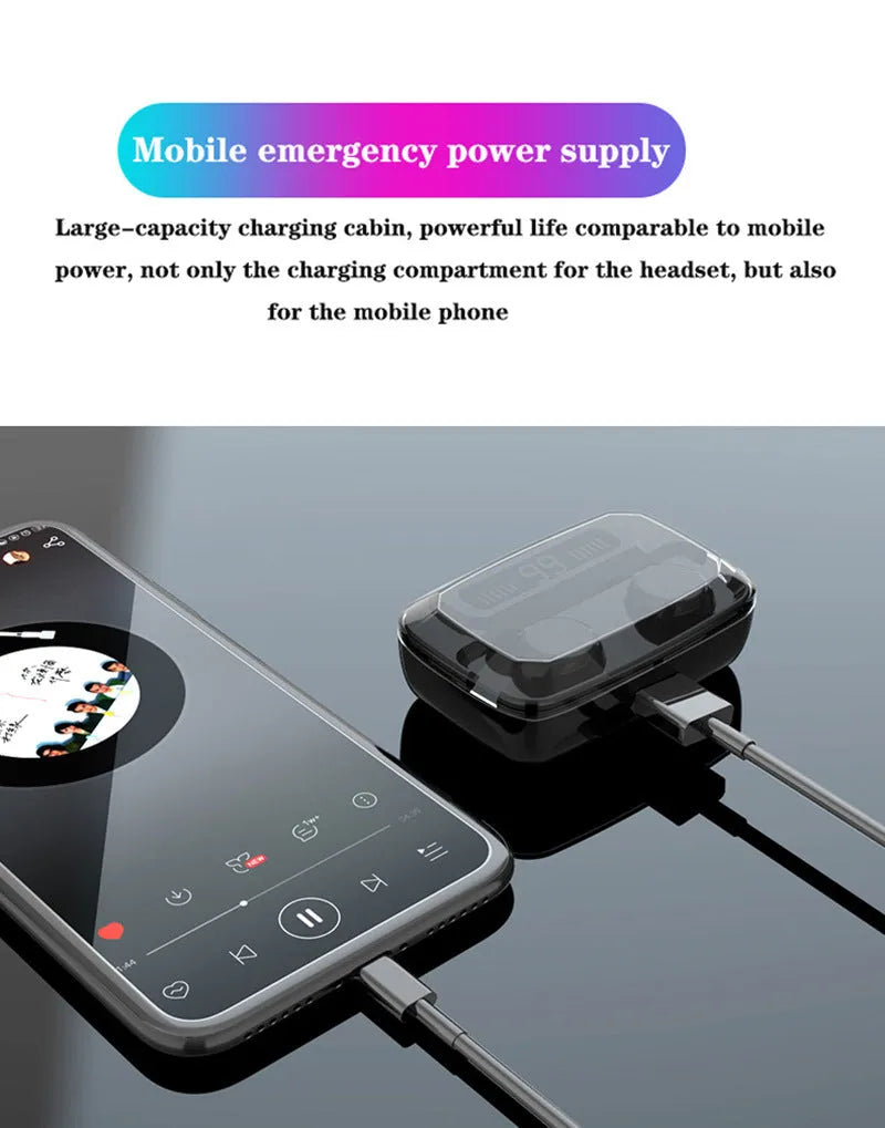 Black M11 Bluetooth 5.0 wireless earbuds with digital display charging case and phone holder