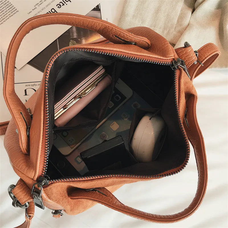Soft PU women's casual tote shoulder bag in black, brown or grey with smooth zipper