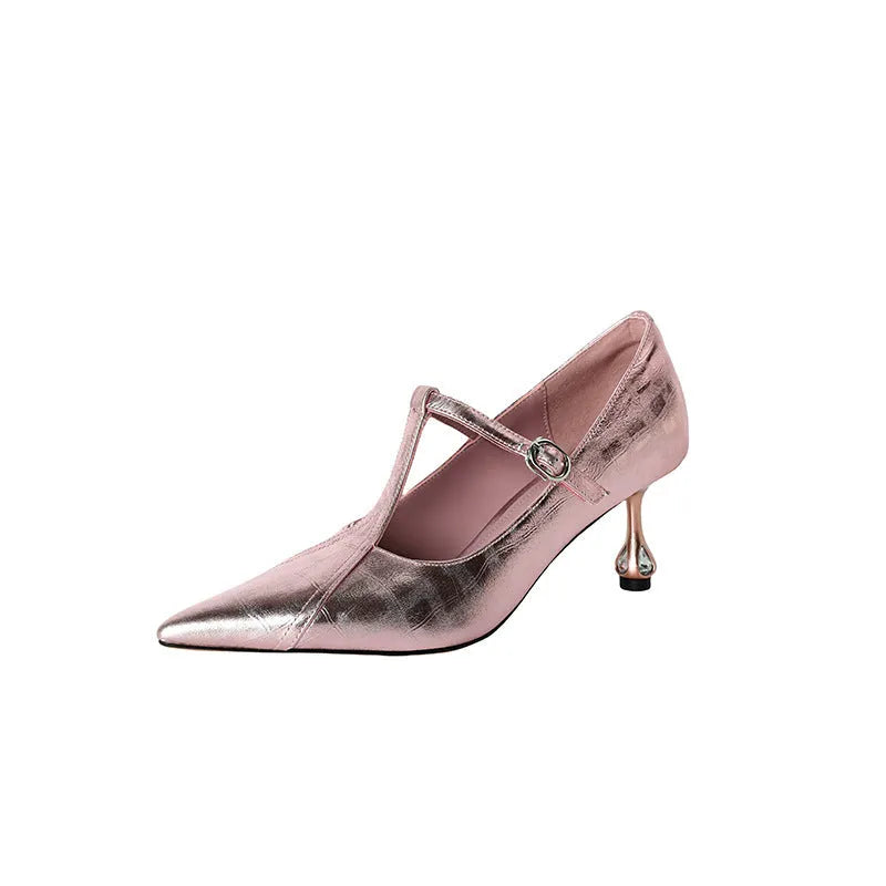 Genuine leather women's pointed-toe pumps with a chunky mid heel in gun colour and pink.