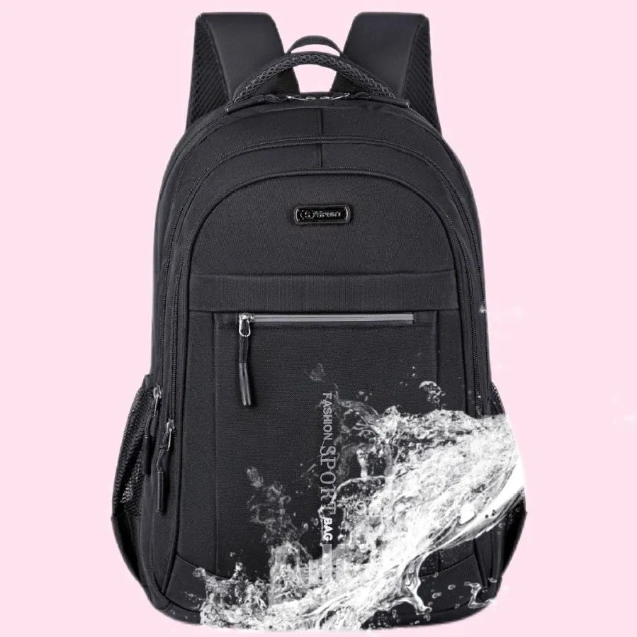 Black Oxford cloth business backpack with airpillow straps, shown open to reveal interior capacity.