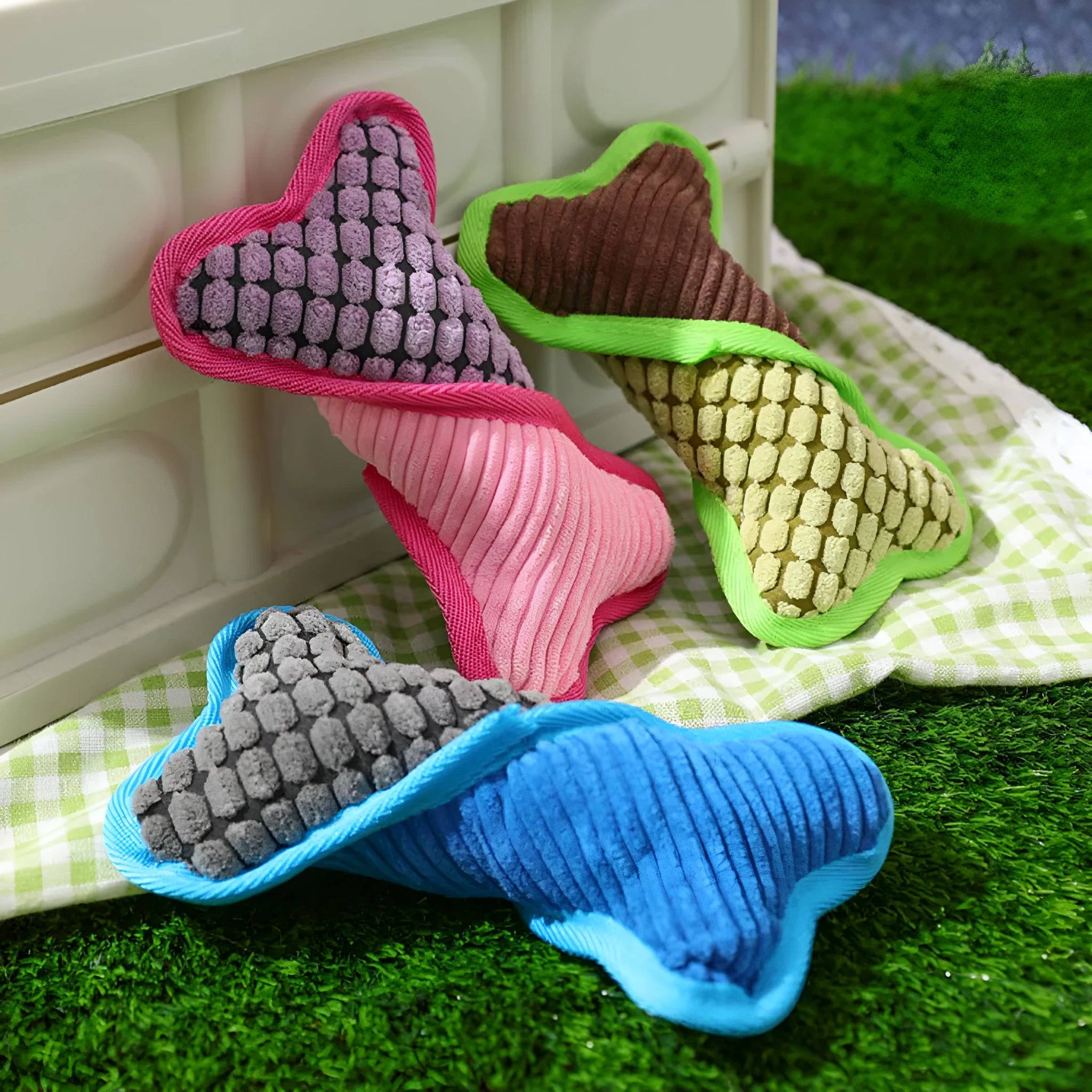 Blue bone-shaped teddy dog toy with squeaky ball inside and corn fleece lining