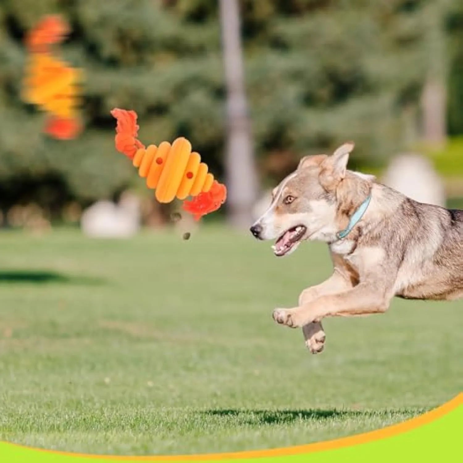 Large green and yellow dog ball with rope attachment for interactive play and treat dispensing