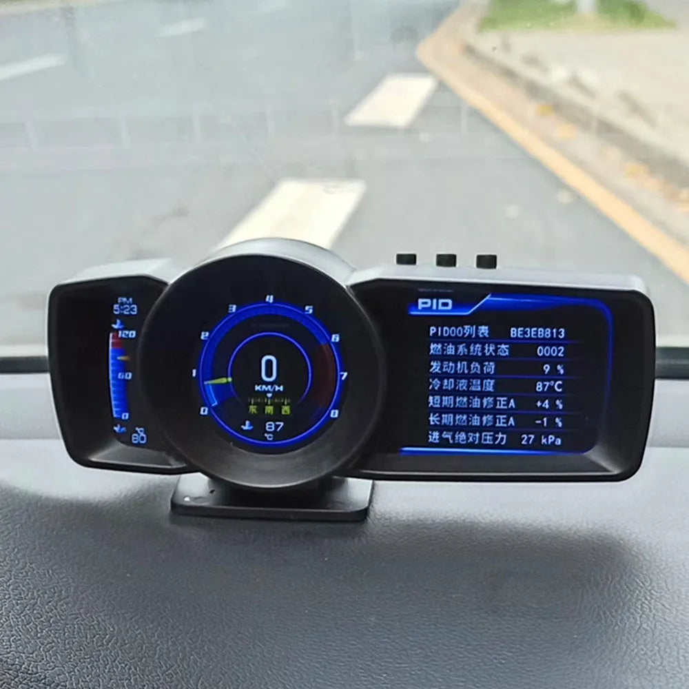 A600 OBDII monitor computer with 4.3-inch screen showing vehicle diagnostics data and GPS navigation display