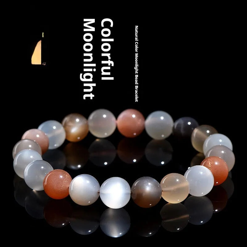 Natural colourful moonlight moonstone bracelet with 8mm beads on wrist.