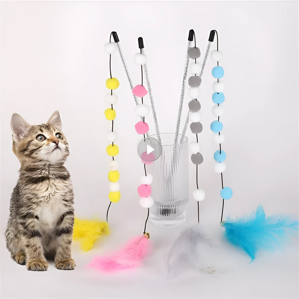 31cm long grey, yellow, and blue acrylic pompon cat teaser rod with feathers and a bell.