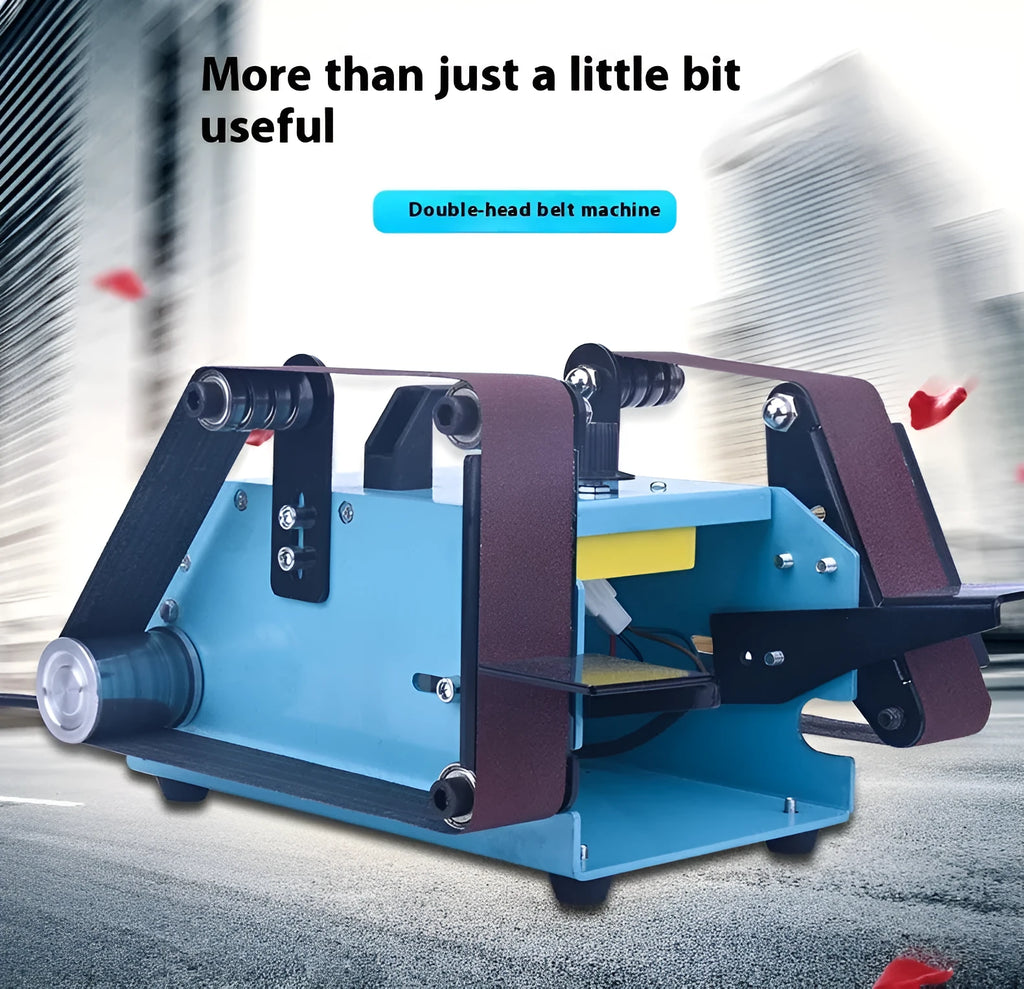 Blue desktop dual-axis belt sander with abrasive belt, variable speed switch, and compact metal housing.