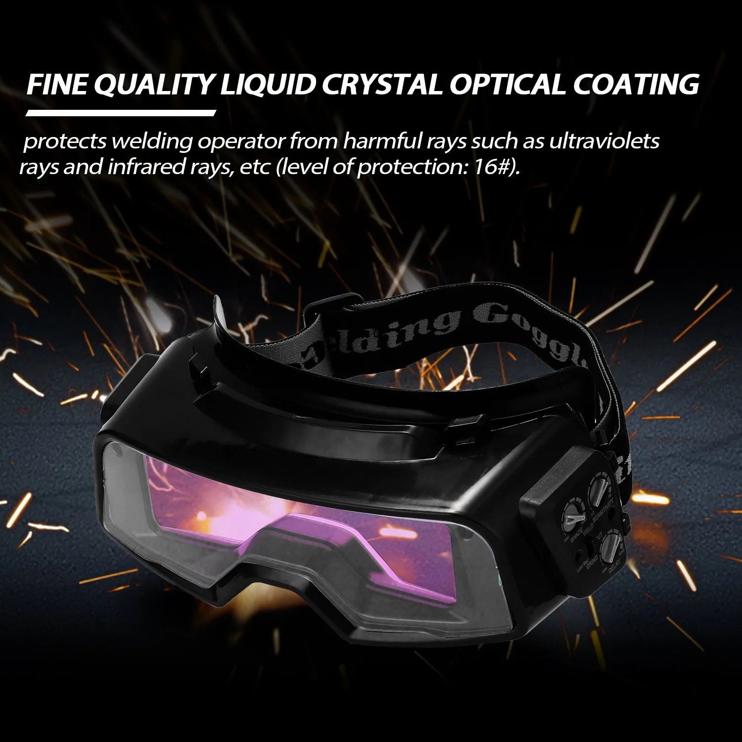 Black automatic darkening welding mask with large viewing window and dual arc sensors