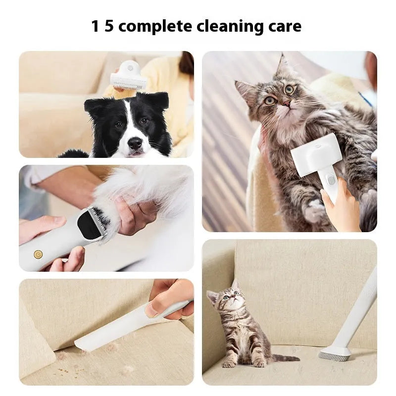 Pink white pet grooming and vacuum cleaner host with electric shear, combs, and suction attachments on a white background.