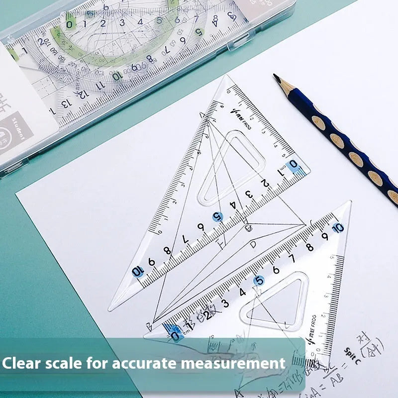 Transparent acrylic ruler set with square and protractor geometry tools