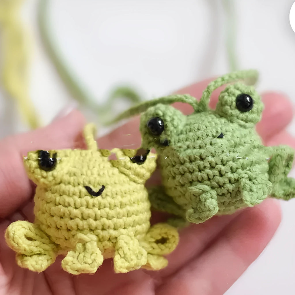 Handmade woven frog car pendant in plush material with four colour options