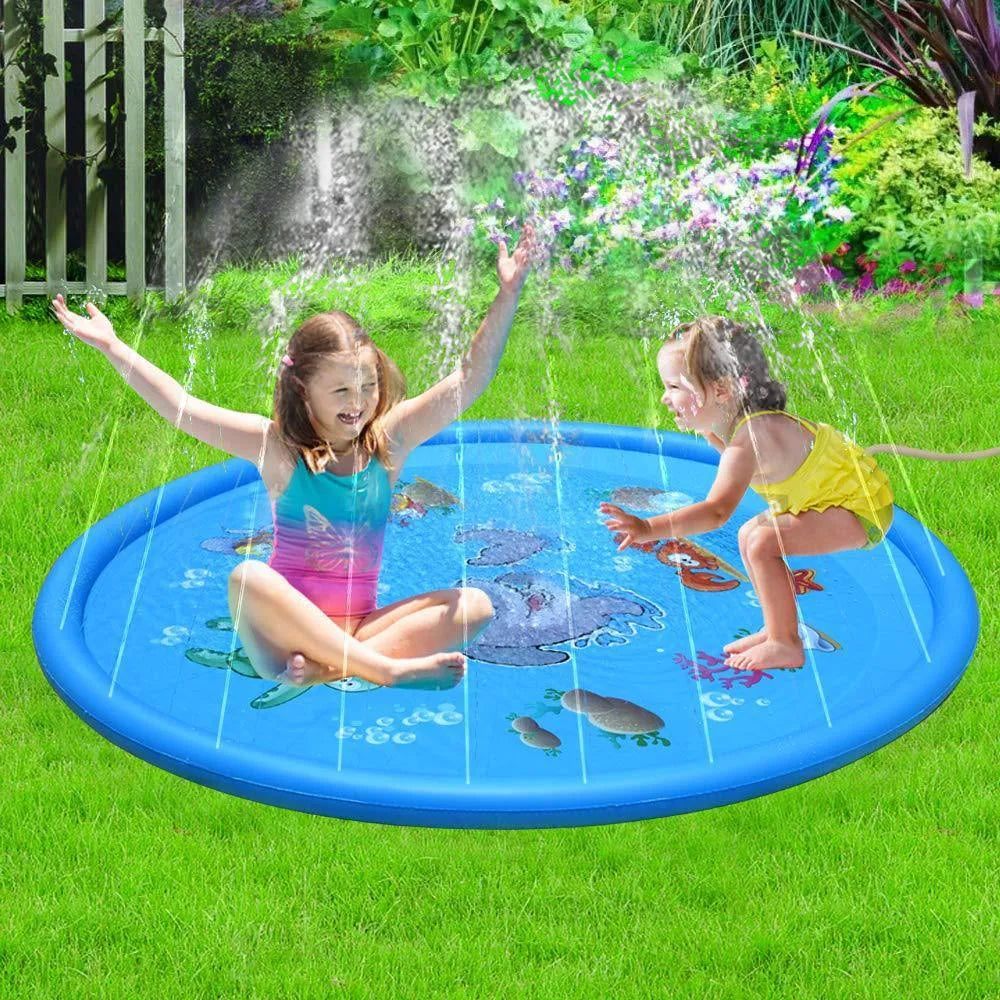 Blue children's water spray play mat with marine animal graphics for outdoor garden use