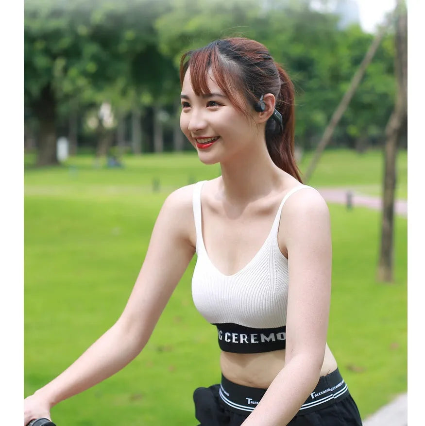Bone conduction Bluetooth headset in Grey or Pink with Bluetooth 5.0, 140 mAh battery, 8-hour call time, and optional 8G memory