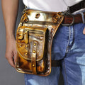 Men's black leather punk fanny pack showing horizontal square shape and zipper opening