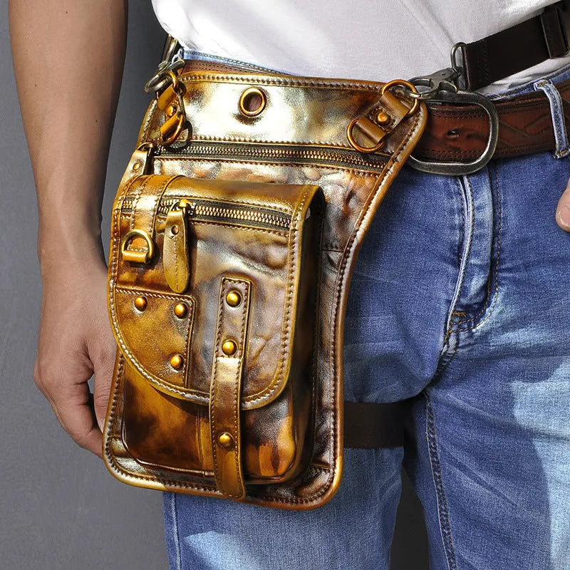 Men's black leather punk fanny pack showing horizontal square shape and zipper opening