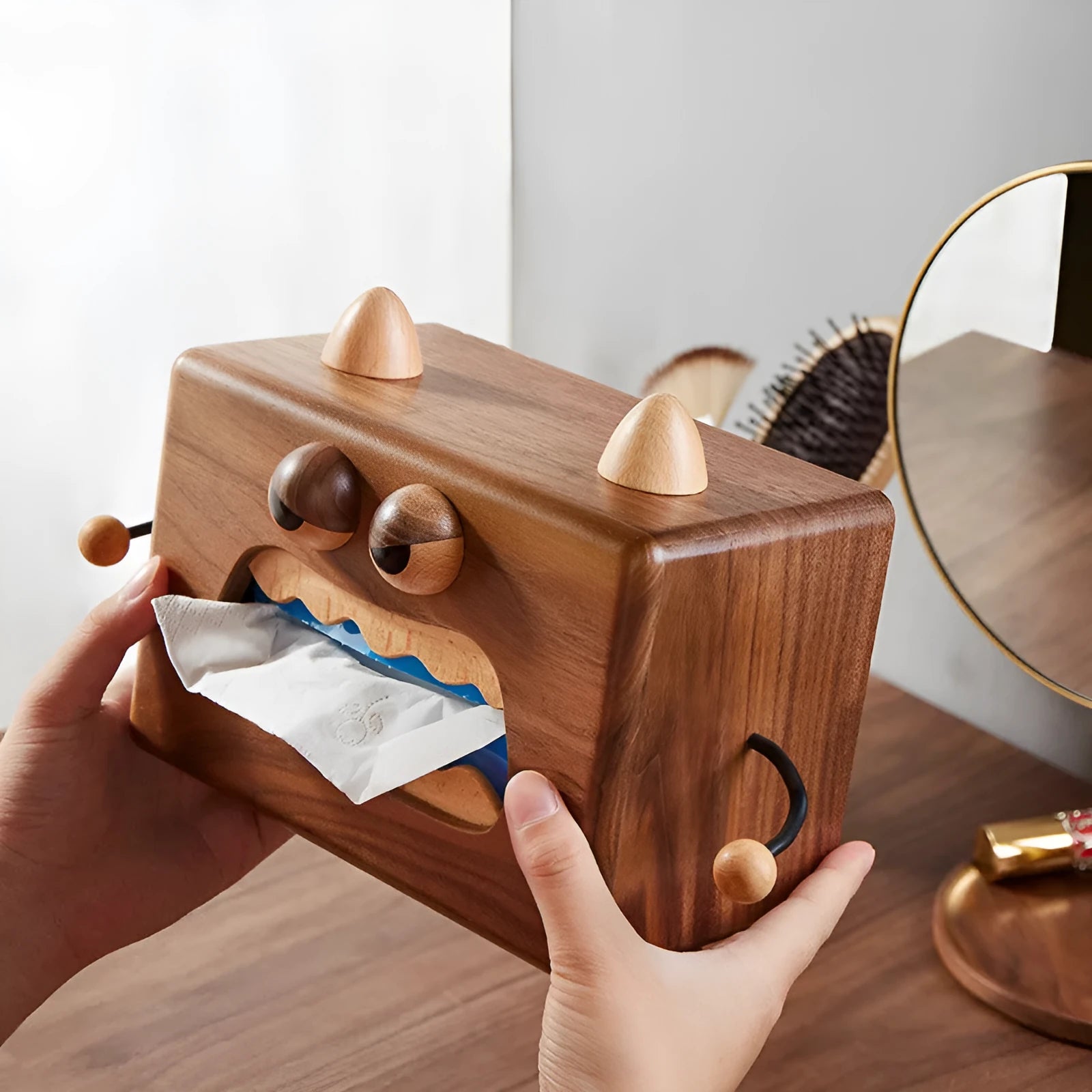 Cartoon little monster design wooden tissue box in walnut beech colour.