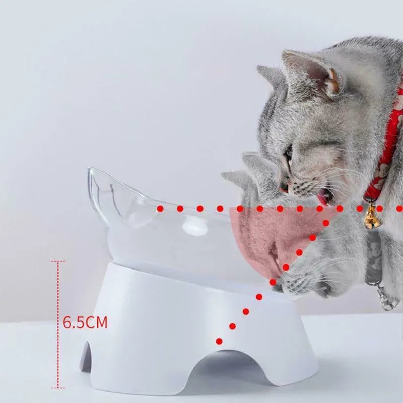 Tilted elevated cat bowl feeder with non-slip support in blue, pink, or white, made from non-toxic material