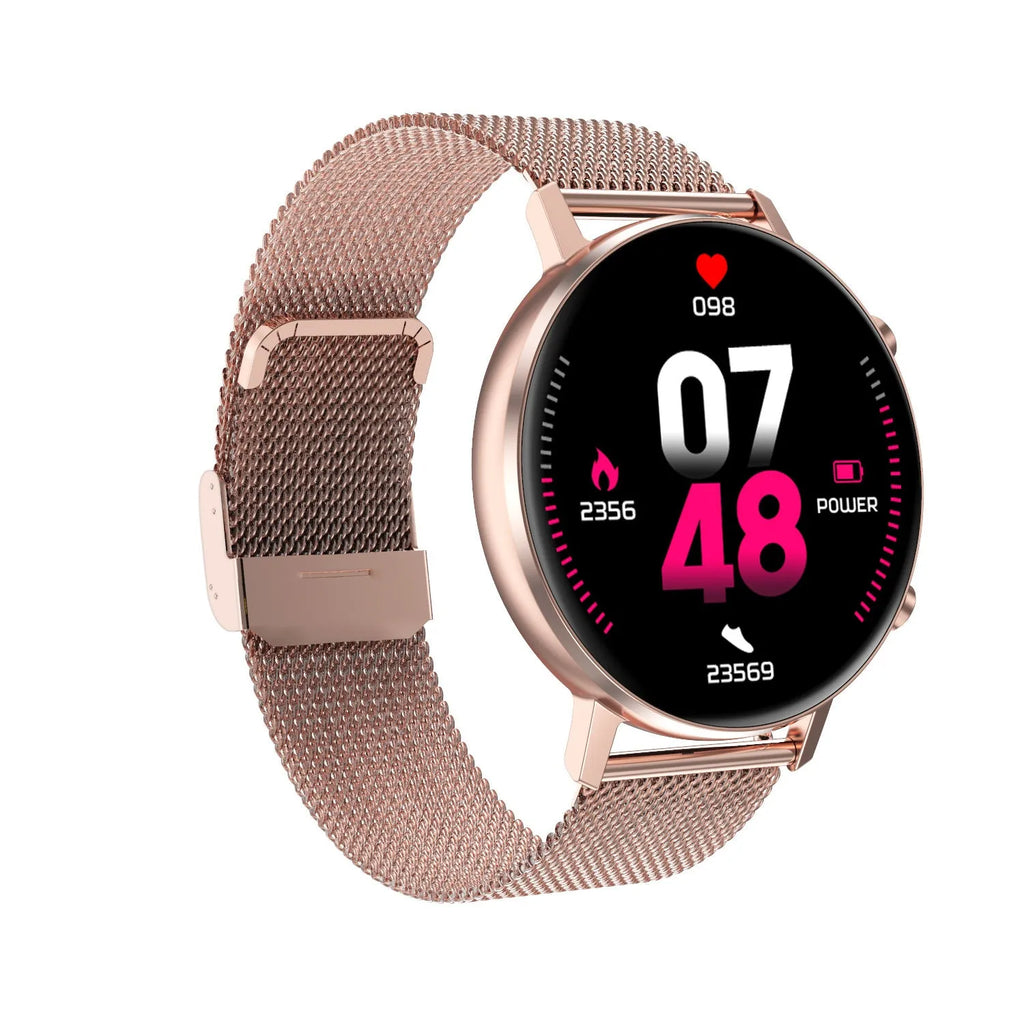 DT96 smart fitness tracker with stainless steel strap and 1.3-inch screen on a wrist