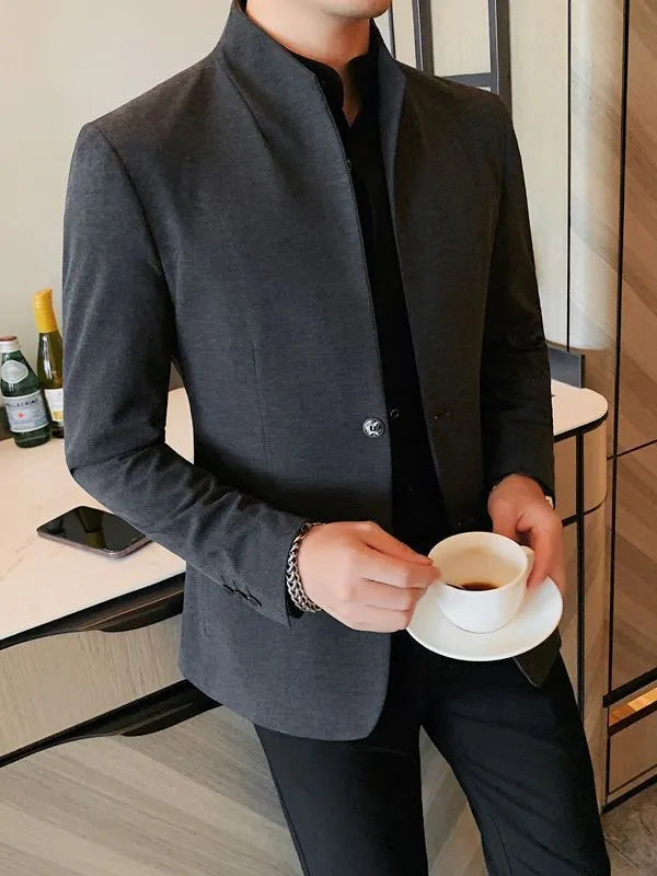 Slim fit men's casual autumn jacket in solid black, dark gray or white, polyester blend, seam pockets, sizes M to 4XL.