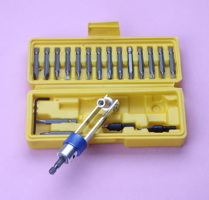 Half Time Drill swivel head attachment kit with driver handle and assortment of Phillips and flathead bits.