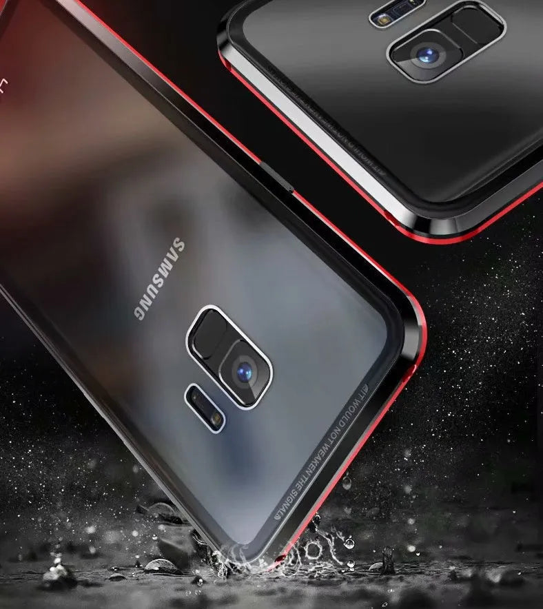 Black clamshell magnetic phone case for Samsung Galaxy phones with anti-peeping screen protection.