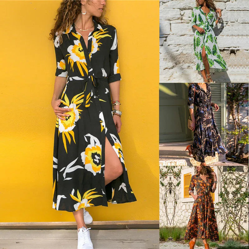 Madrid Vintage Chiffon V-neck A-line dress with high waist and printed pattern in polyester fabric available in multiple colours