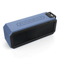 Black or blue waterproof portable Bluetooth speaker with carrying rope, showing front speaker grille and control buttons
