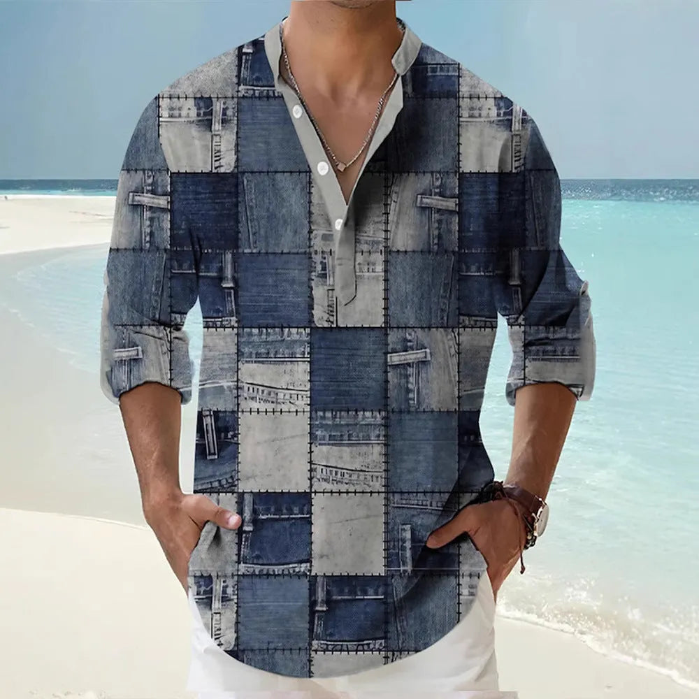 Thin striped casual Hawaiian long sleeve shirt in extended sizes from S to 6XL