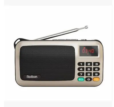 Golden Rolton W405 portable FM radio and MP3 speaker with LED display showing dimensions