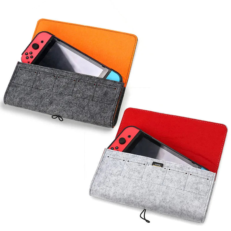 Black felt pouch case for Nintendo Switch open to show console compartment and 5 game card slots.