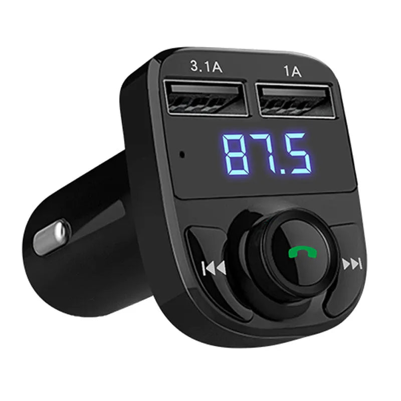 Car MP3 audio player and FM transmitter with dual USB charger, LED screen, 73x47x39mm, 30g.