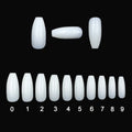 500 clear natural ABS fake nails in various sizes arranged with nail tools