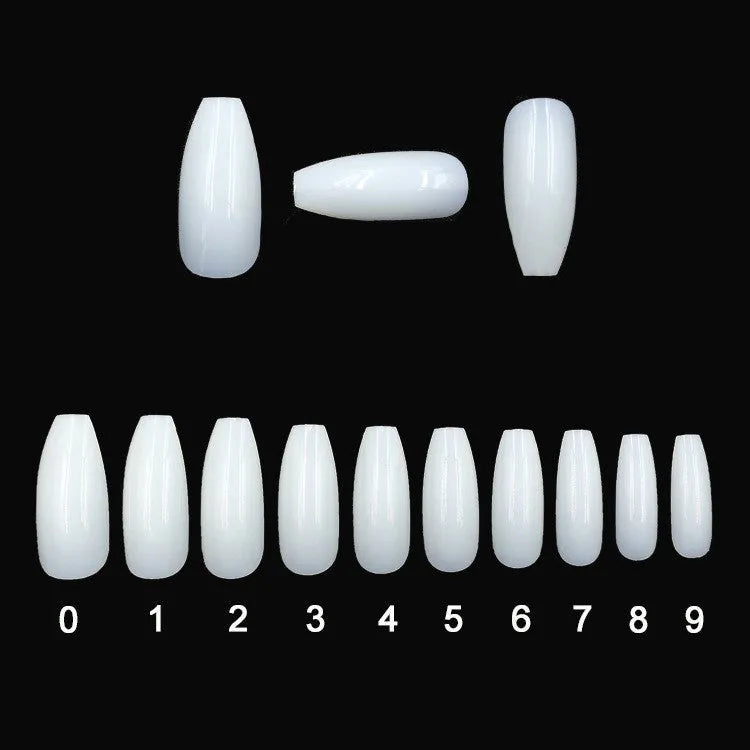 500 clear natural ABS fake nails in various sizes arranged with nail tools