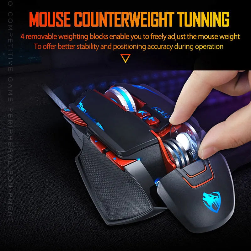 Thunder Wolf V9 black wired gaming mouse with six buttons on desktop