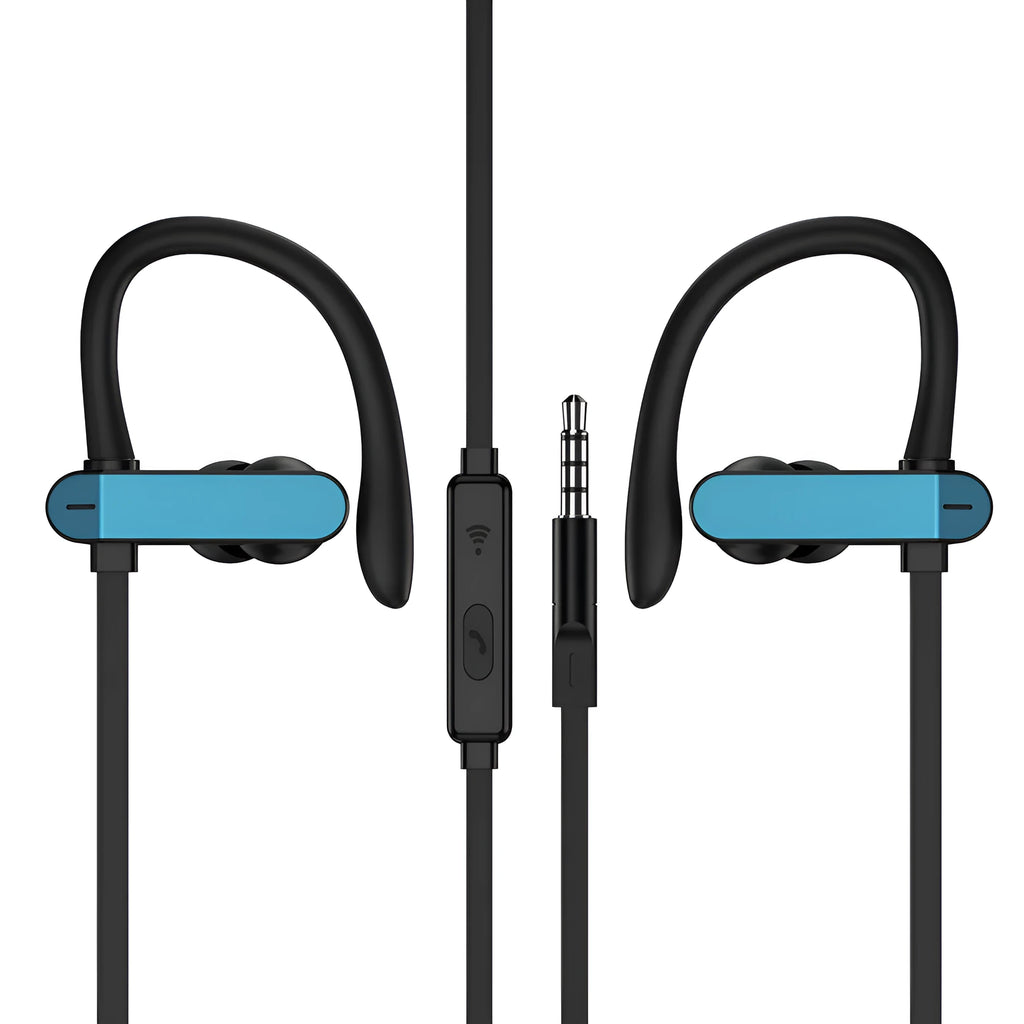Black and blue sport ear hook earbuds with in-line microphone, shown with flexible hooks and silicone earbud tips
