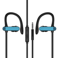 Black and blue sport ear hook earbuds with in-line microphone, shown with flexible hooks and silicone earbud tips