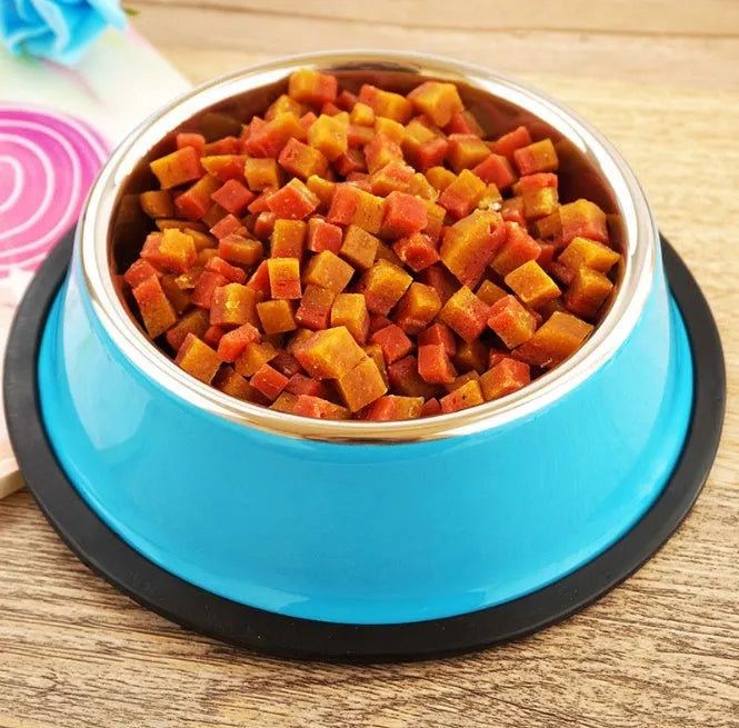 Stainless steel pet bowl with colourful melamine exterior in six size options with non-slip base