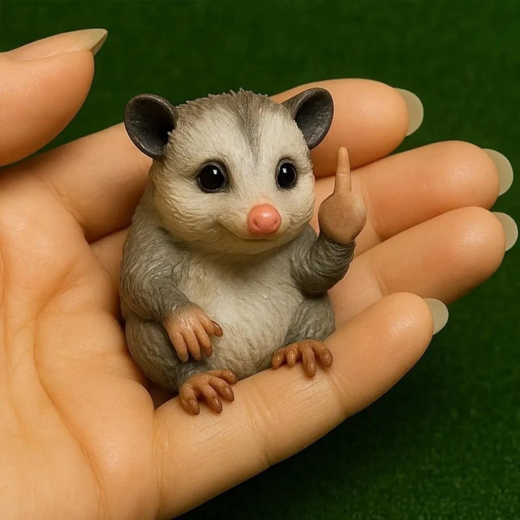 Small resin animal figurine on desk giving middle finger, 5cm tall.