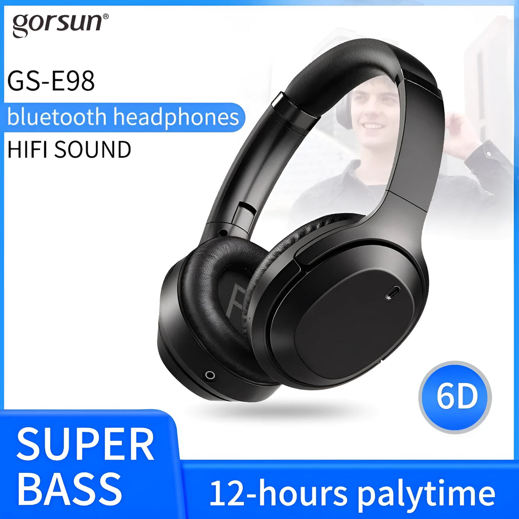 Black Gorsun E98 wireless Bluetooth over-ear headset with padded headband and memory-protein ear cushions