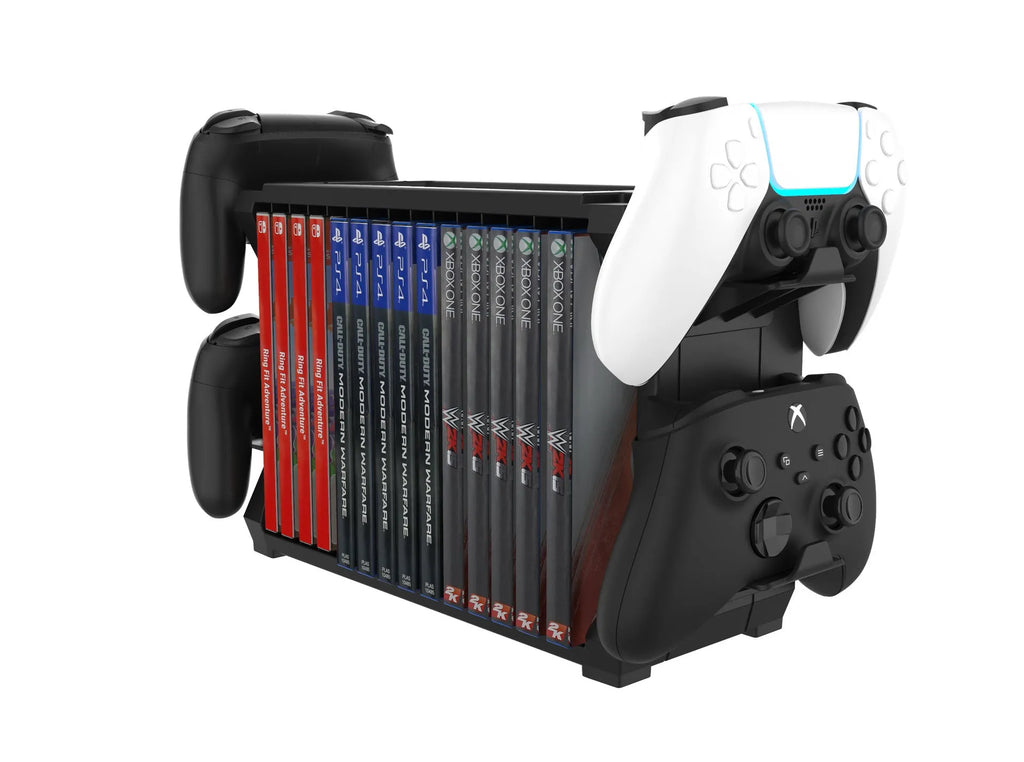 Black PS5 and Xbox Series X disc holder stand with slots for four game controllers