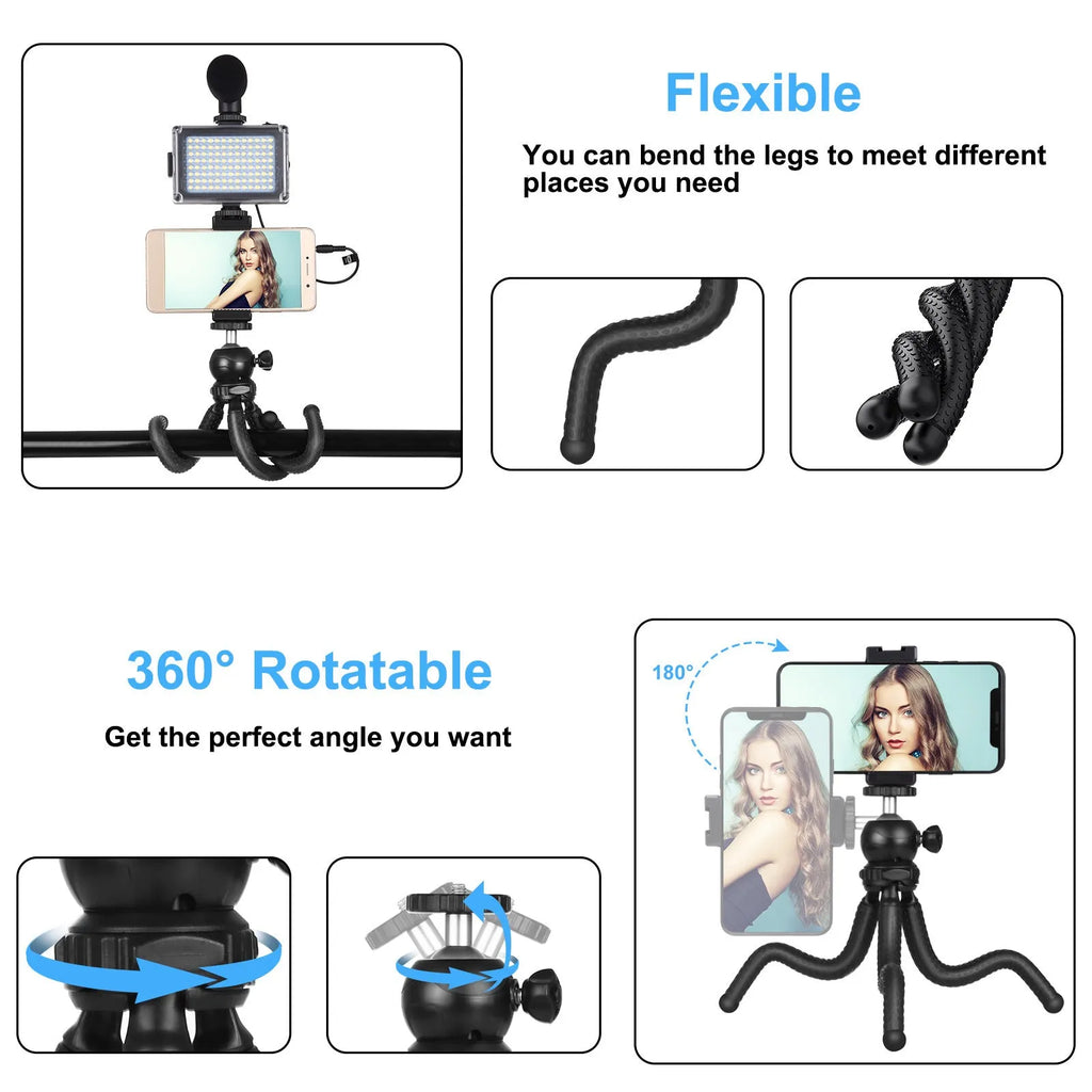 Black Octopus Yripod live broadcast kit with flexible legs, fill light, and microphone for Apple-compatible devices.