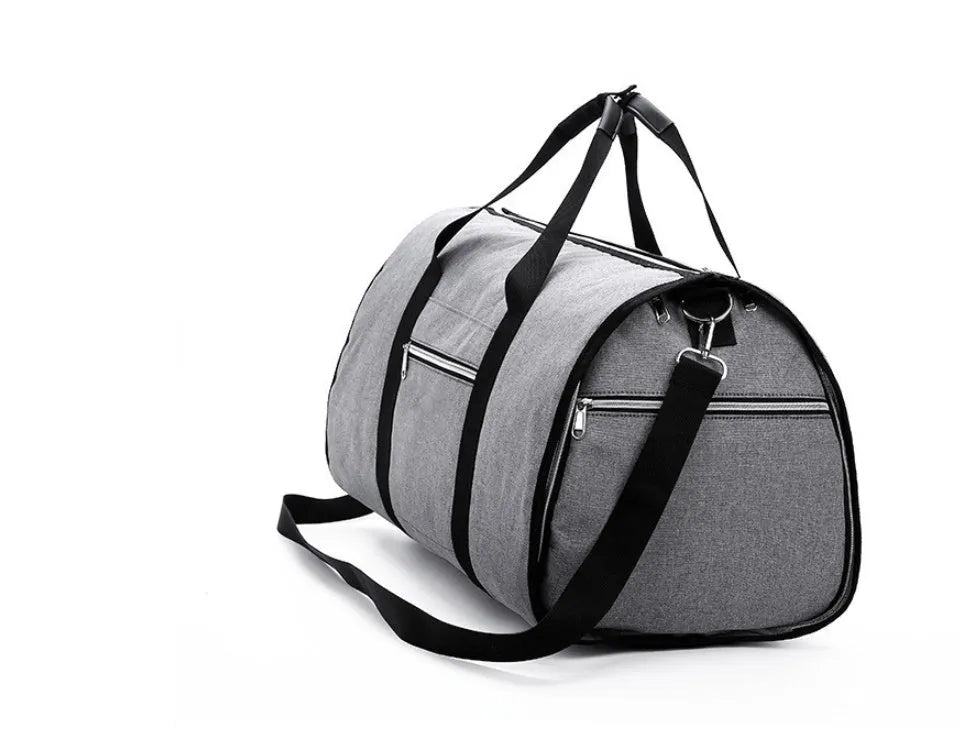 Medium-sized red cylinder travel bag made from Oxford cloth, showing zipper opening and pocket.