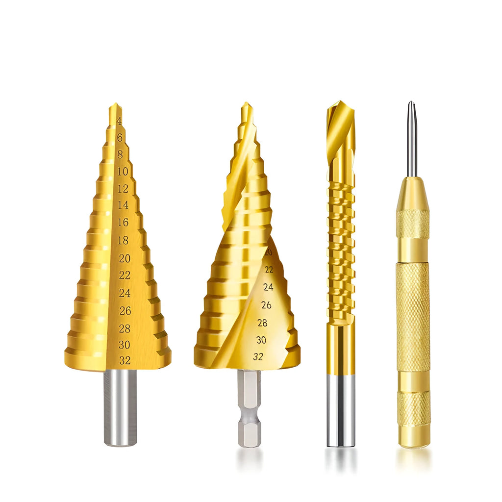High speed steel step drill bit and centre punch set for drilling metal, wood, and plastic.