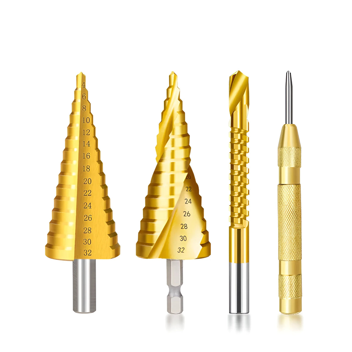 High speed steel step drill bit and centre punch set for drilling metal, wood, and plastic.
