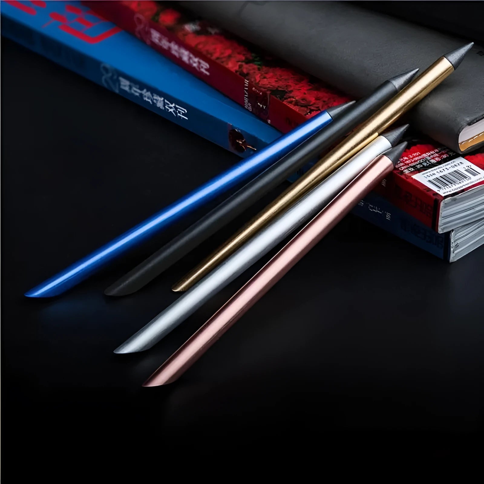 Inkless metal pen with alloy steel nib in choice of five metallic colours including spare nib and pen bag